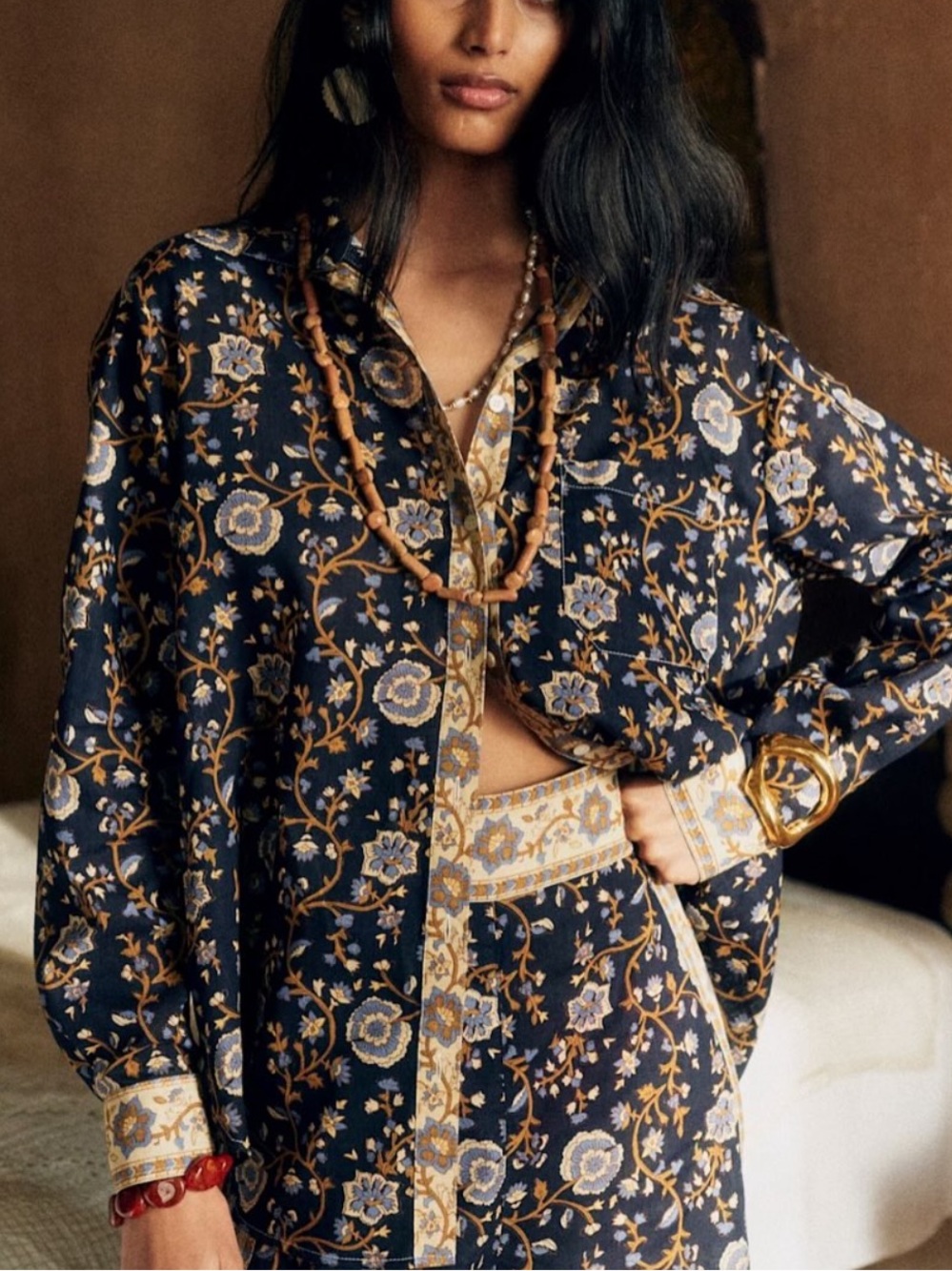 Sezane Floral Maxy Shirt Heather Print Button Down Oversized Cotton Navy Size Xs